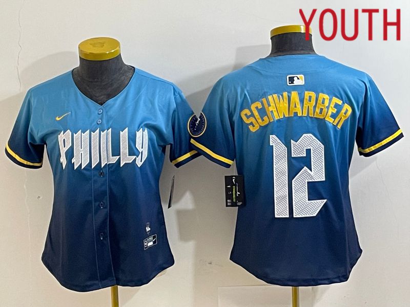 Youth Philadelphia Phillies #12 Schwarber Blue City Edition Nike 2024 MLB Jersey style 1->youth mlb jersey->Youth Jersey